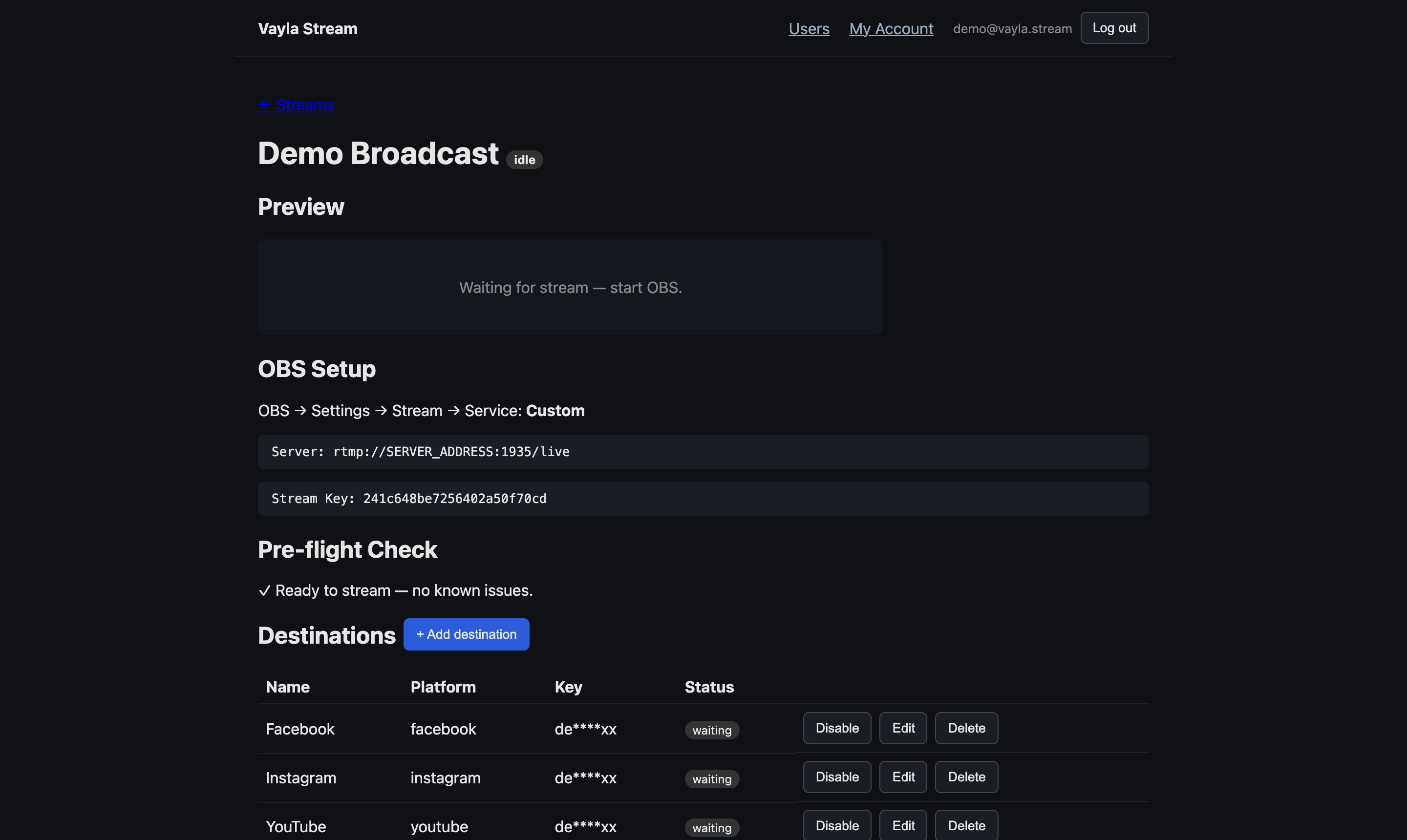Vayla Stream panel — stream detail